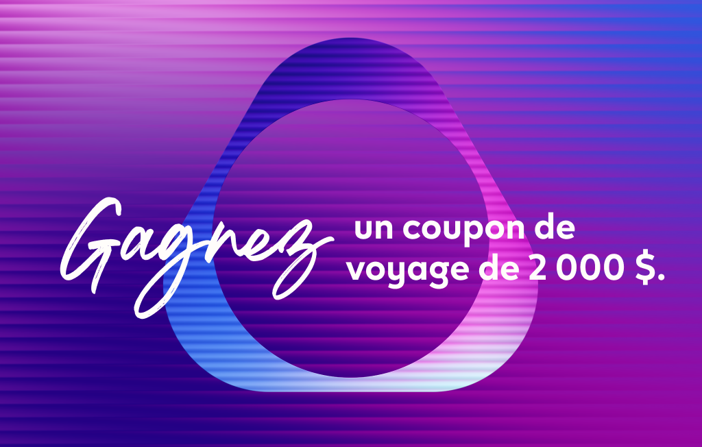 Arrière-plan avec un dégradé violet et le texte « Gagnez un coupon de voyage de 2 000 $! ».